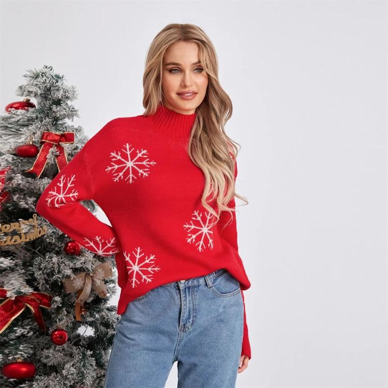 Rød striktrøje med snefnugsmønster til kvinder