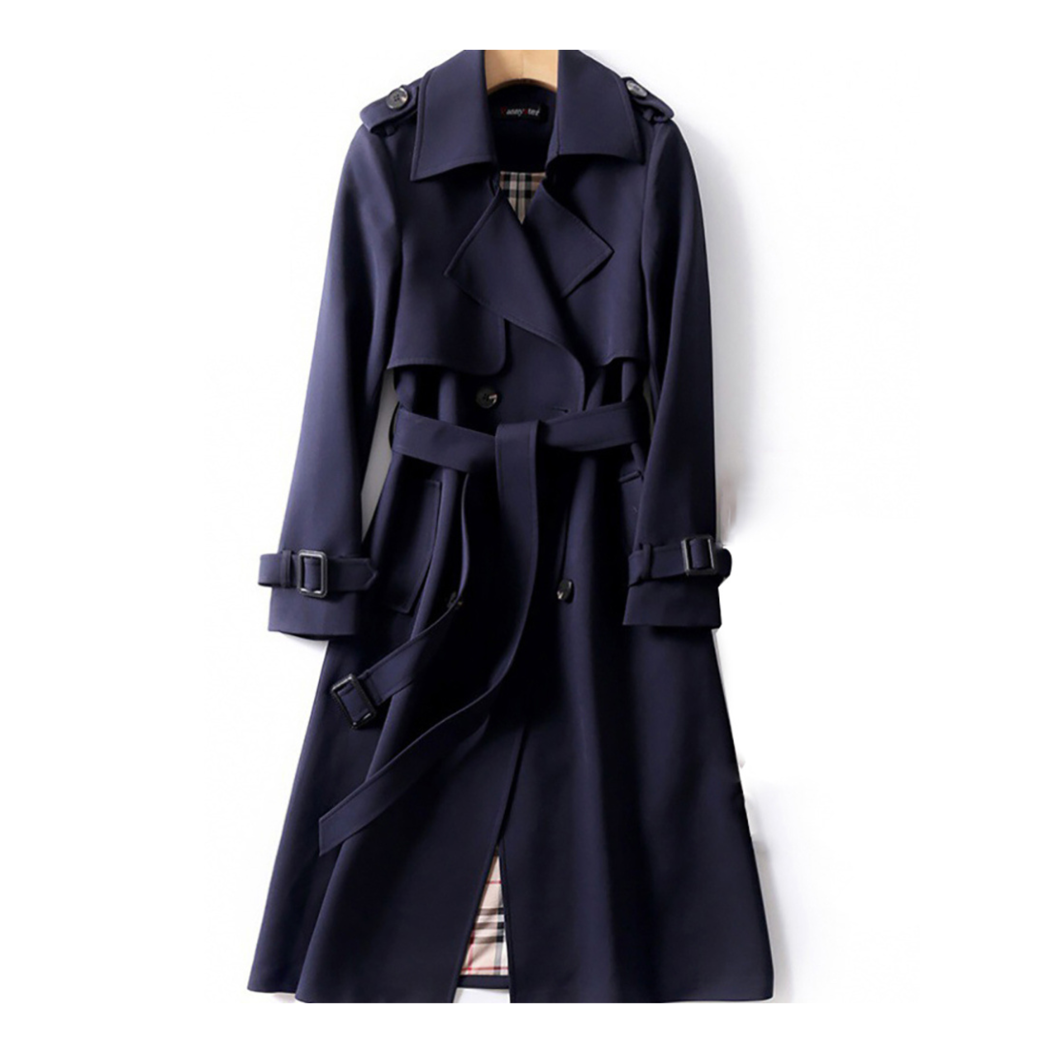Manteau trench-coat bleu marine élégant avec ceinture, boutons et doublure à carreaux, mode automne-hiver, vêtement chic pour femme.