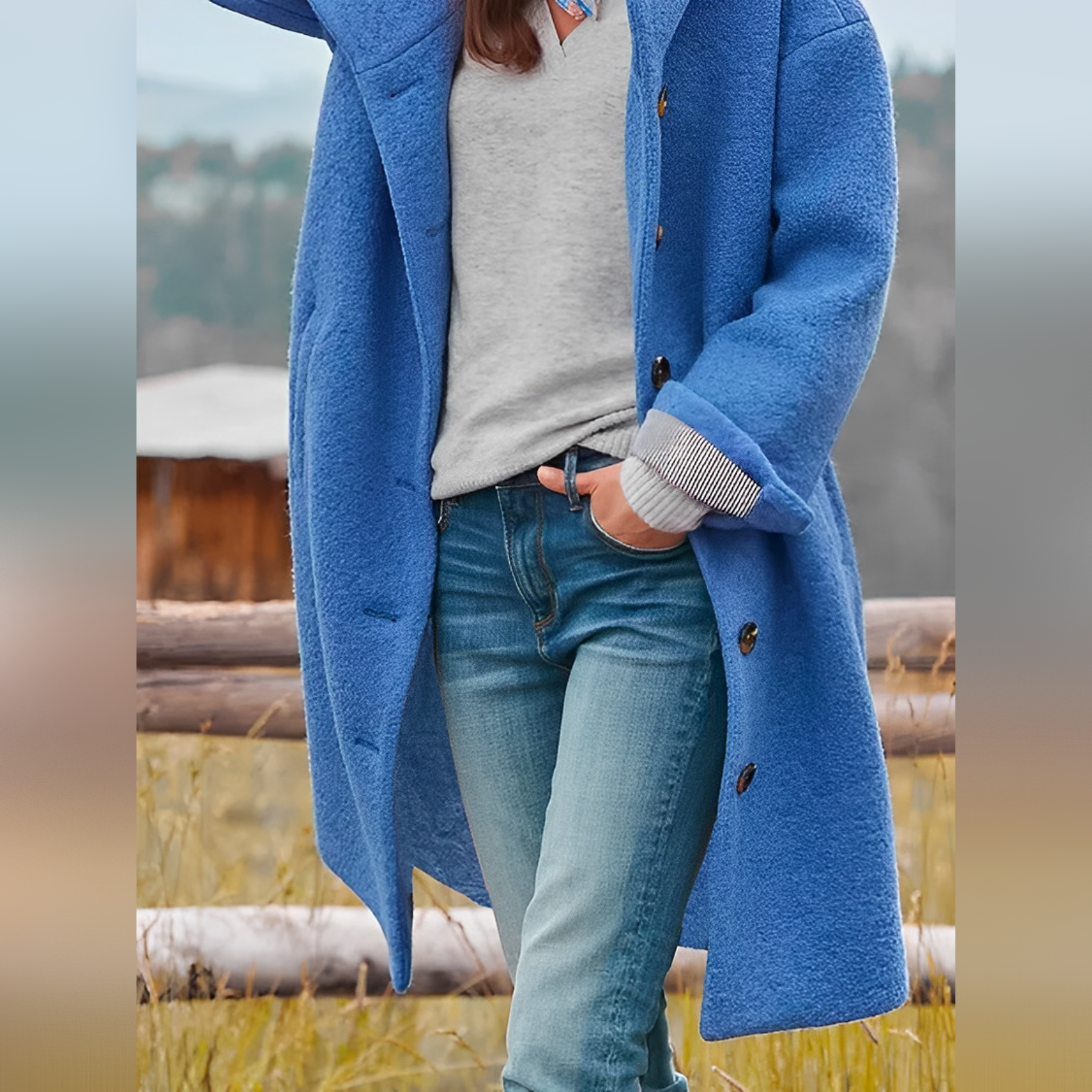 Femme portant un manteau bleu en laine, pull gris et jeans, posant en extérieur automnal. Mode féminine, style décontracté, tendance hiver.