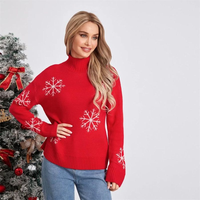 Rød striktrøje med snefnugsmønster til kvinder