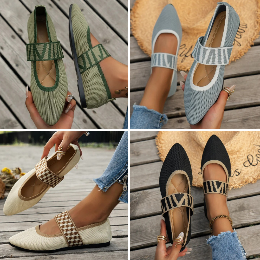 Quatre paires de ballerines élégantes pour femmes, en différentes couleurs et motifs, posées sur un sol en bois. Chaussures tendance et confortables.