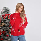 Rød striktrøje med snefnugsmønster til kvinder