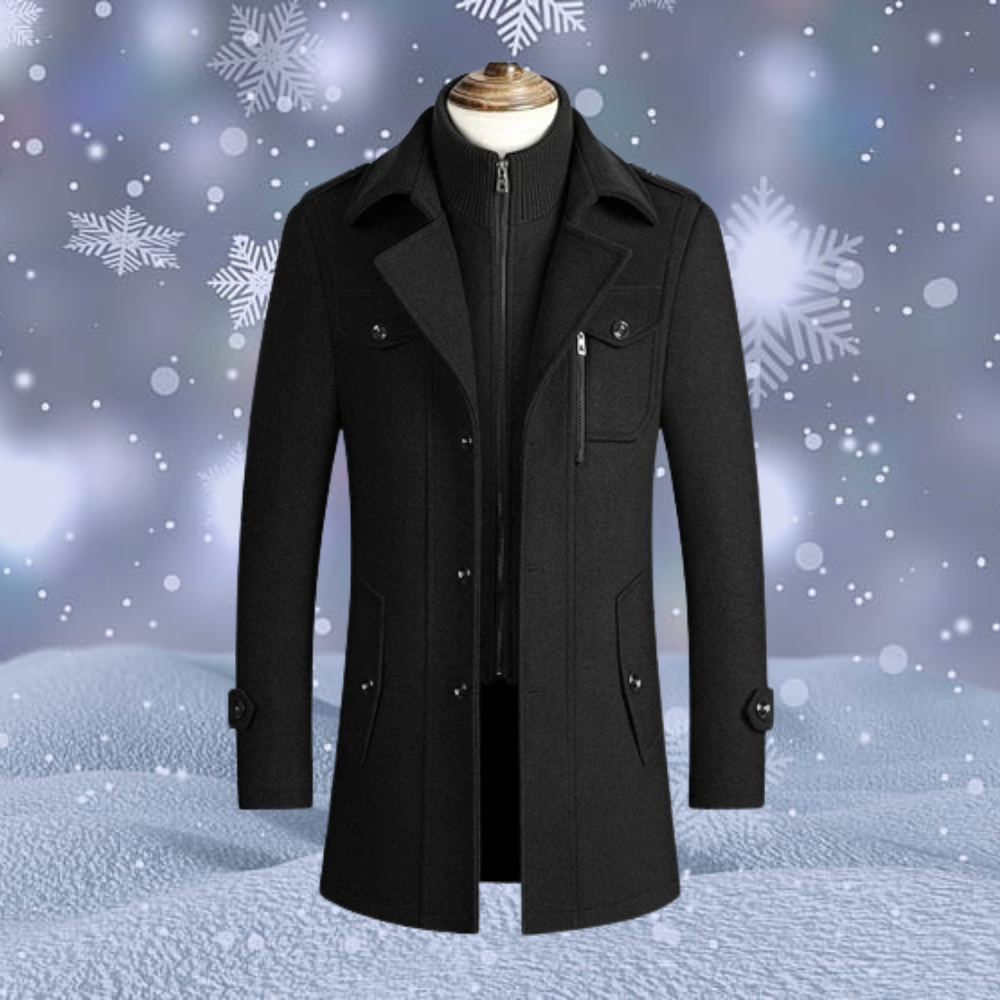 Manteau noir élégant pour homme sur fond hivernal avec flocons de neige, style moderne et chic, parfait pour la mode d'hiver.