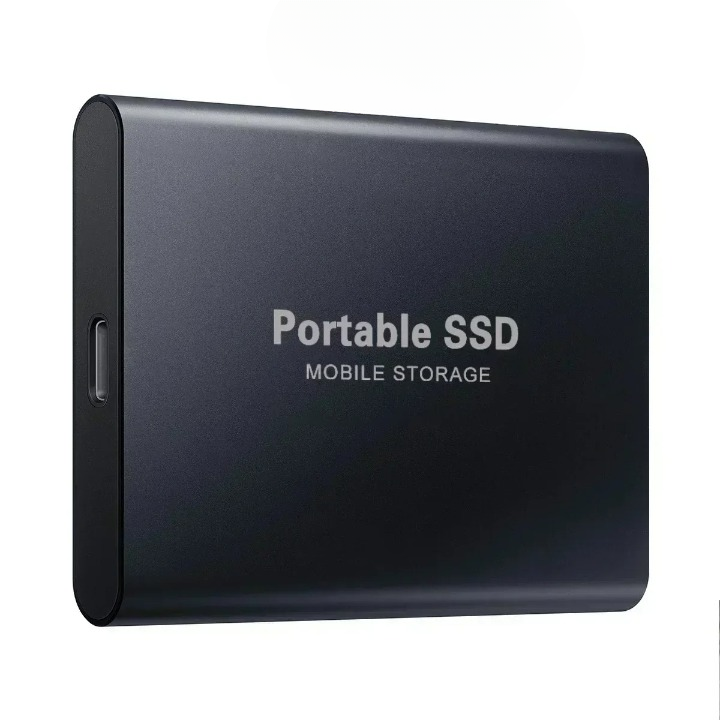 Disque SSD portable noir, stockage mobile compact, connectique USB-C, haute vitesse, design moderne, idéal pour sauvegarde et transfert de données.