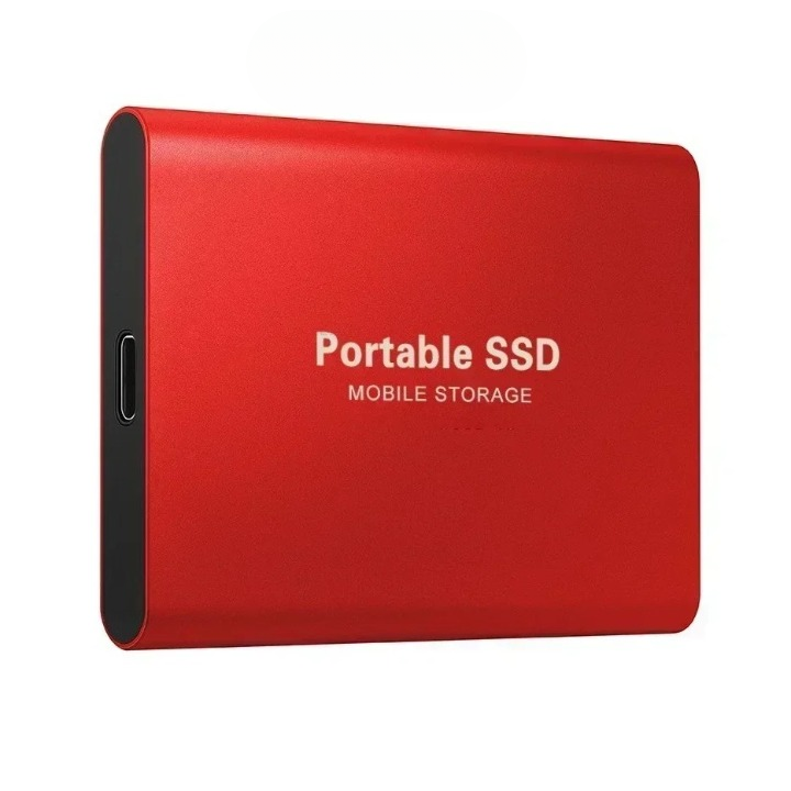 Disque SSD portable rouge, stockage mobile haute vitesse, connectique USB-C, design compact et léger, idéal pour sauvegarde et transfert de données.