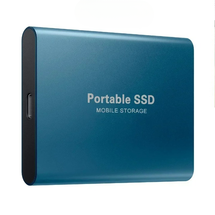 Disque SSD portable bleu, stockage mobile compact, connectique USB-C, haute vitesse, idéal pour sauvegarde et transfert de données.