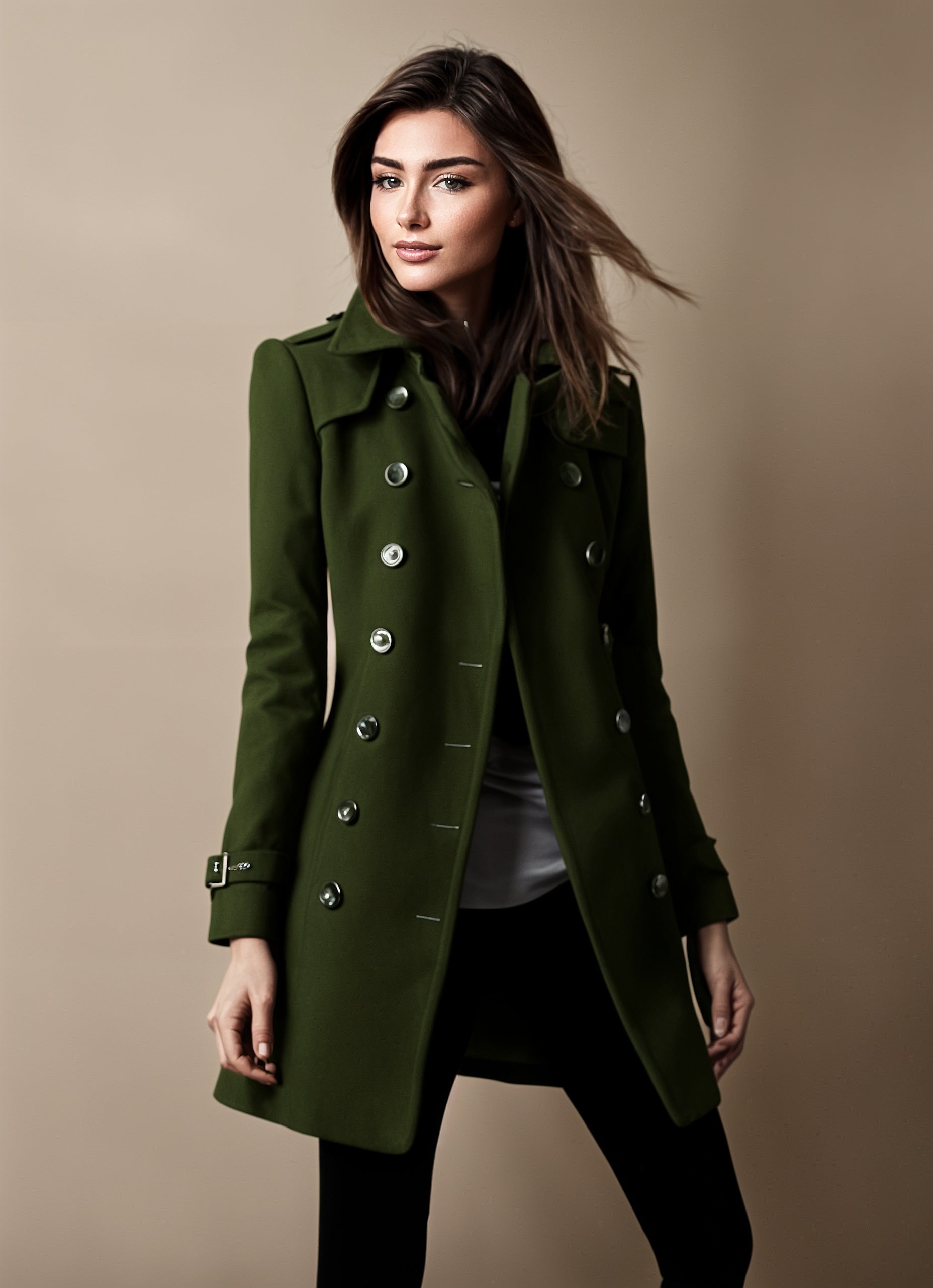 Femme portant un manteau vert élégant à double boutonnage, mode automne-hiver, style chic et moderne, fond beige, cheveux au vent.