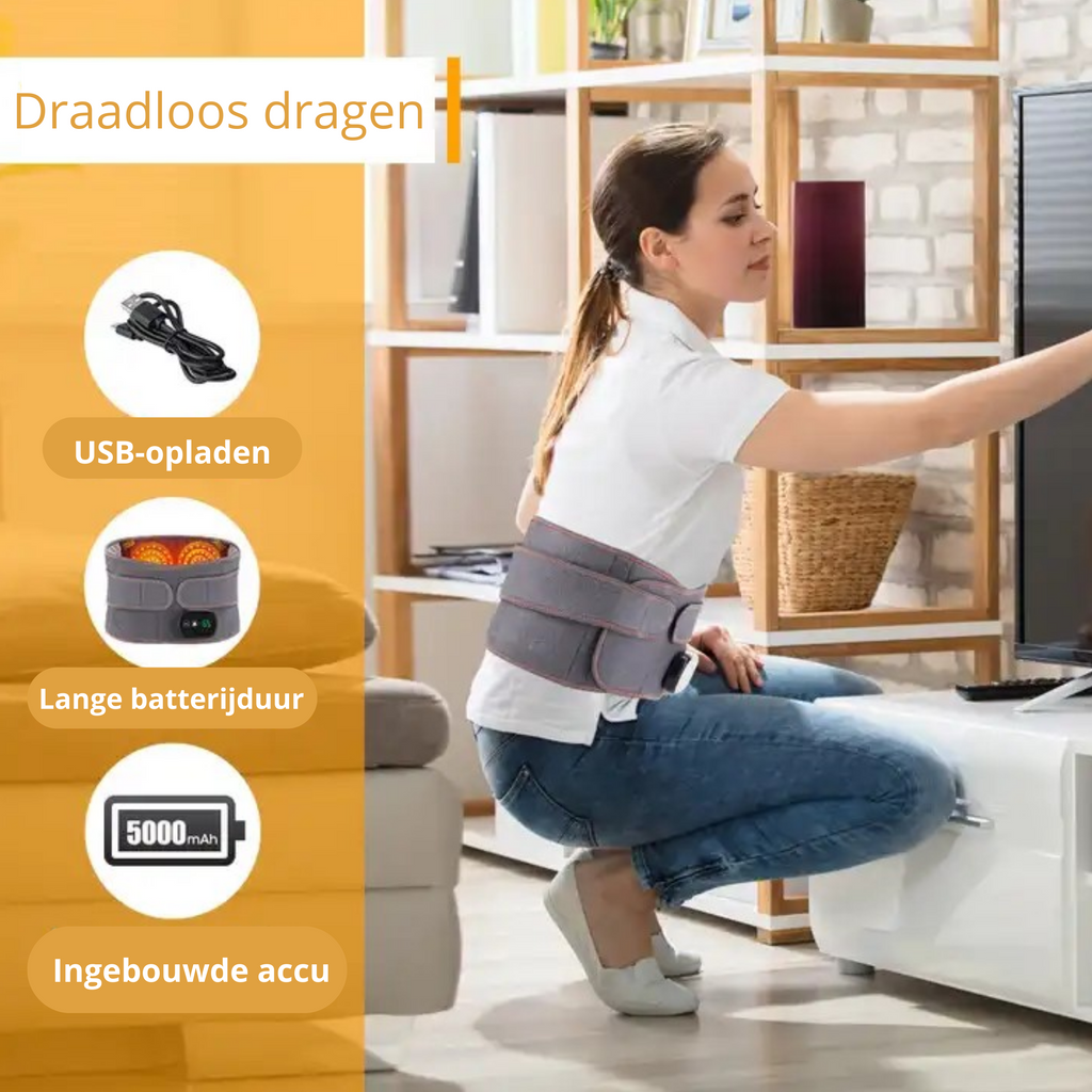 Femme utilisant une ceinture chauffante sans fil à la maison, USB rechargeable, longue autonomie, batterie intégrée 5000mAh. Confort et bien-être.