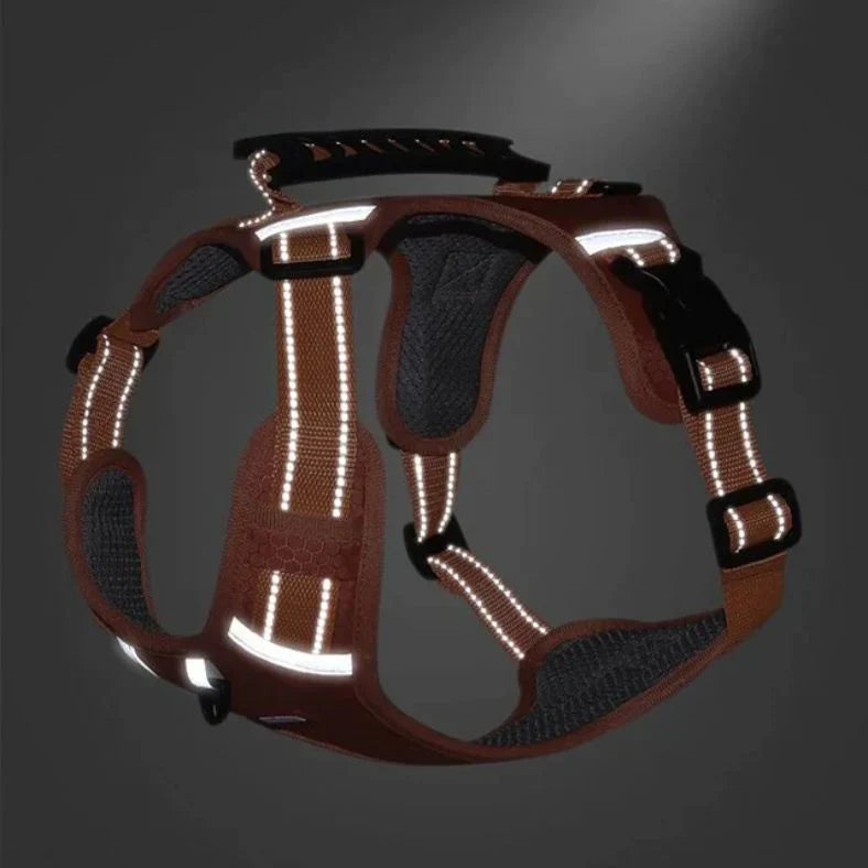 Harnais pour chien marron avec bandes réfléchissantes, boucles réglables et poignée de contrôle. Accessoire de sécurité pour promenade nocturne.