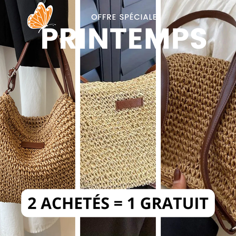 Sac en paille tressée avec anses en cuir marron, promotion printemps, offre spéciale 2 achetés = 1 gratuit, mode éthique et durable.
