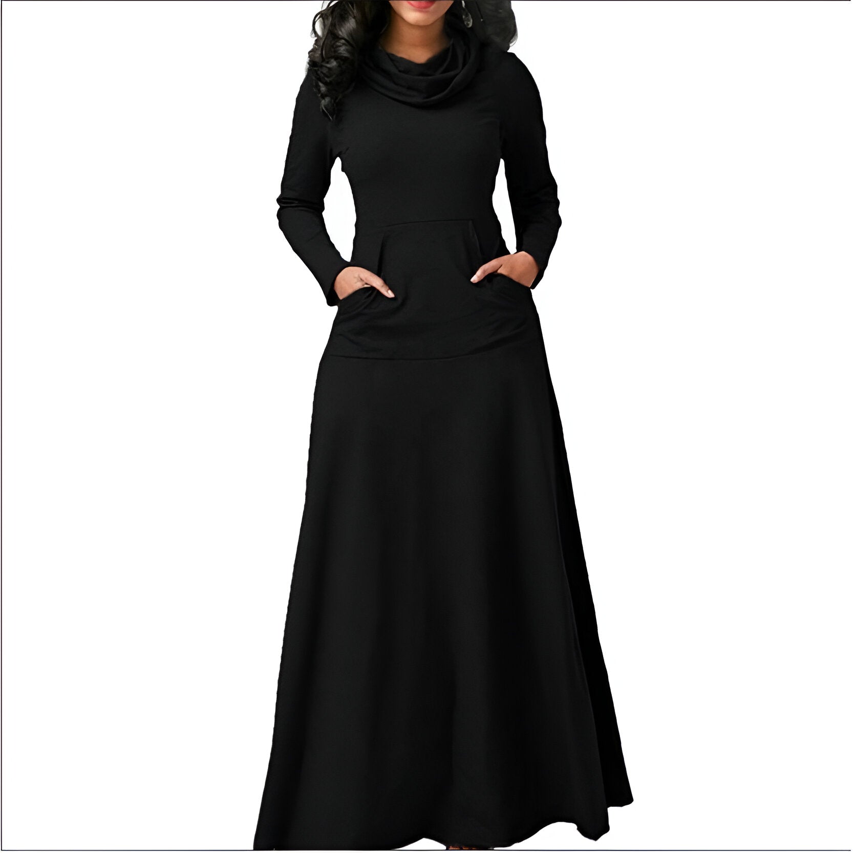 Robe longue noire élégante avec manches longues et col roulé, poches avant. Mode féminine chic, tenue automne-hiver tendance.