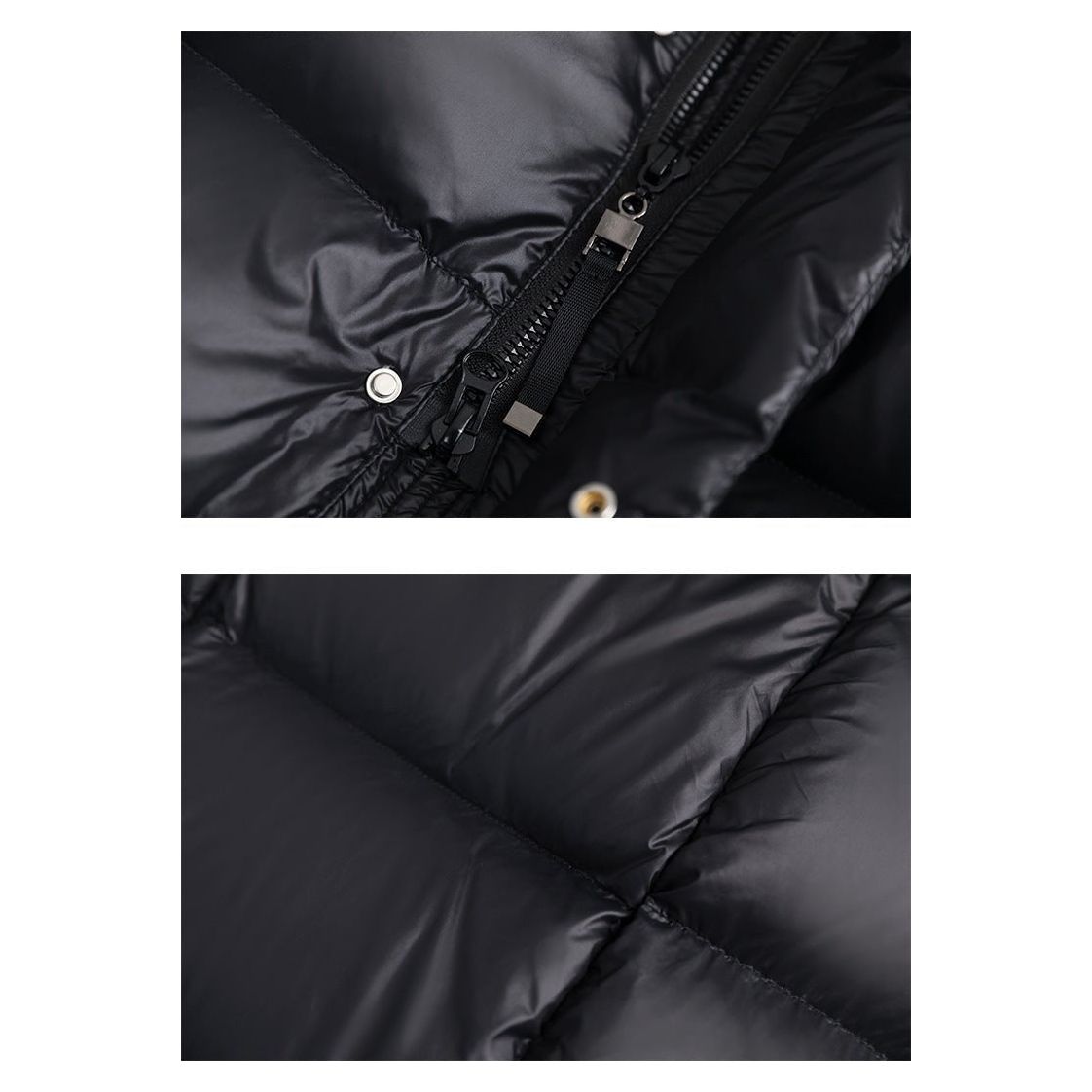 Doudoune noire en gros plan, détails de la fermeture éclair et du tissu matelassé. Mode hiver, vêtement chaud, style moderne.