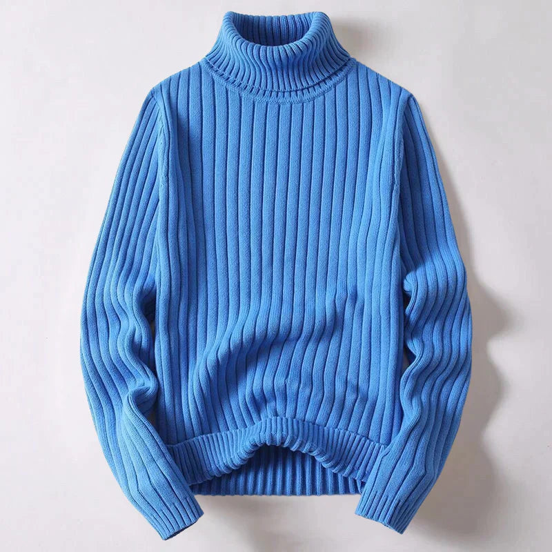 Pull bleu à col roulé en maille côtelée, manches longues, style décontracté, idéal pour l'hiver. Mode tendance, vêtement chaud et confortable.