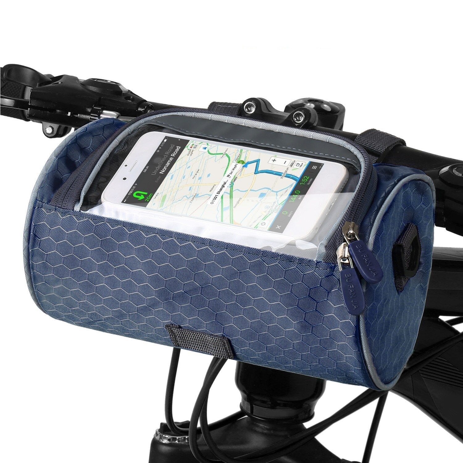 Sacoche de vélo bleue avec support transparent pour smartphone, fixée au guidon. Idéale pour GPS et rangement d'accessoires cyclistes.