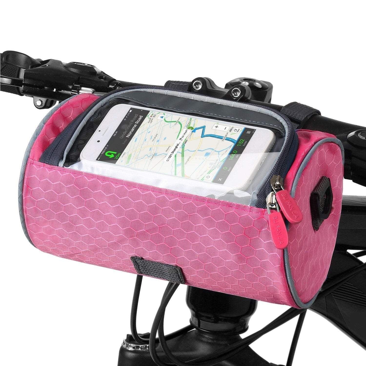 Sacoche de guidon de vélo rose avec fenêtre tactile pour smartphone, affichant une carte GPS. Accessoire vélo pratique et imperméable.