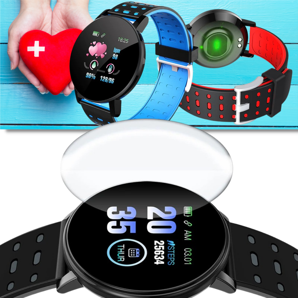 Montre connectée intelligente avec écran tactile, affichage des notifications, suivi de la fréquence cardiaque, bracelet interchangeable bleu et rouge.