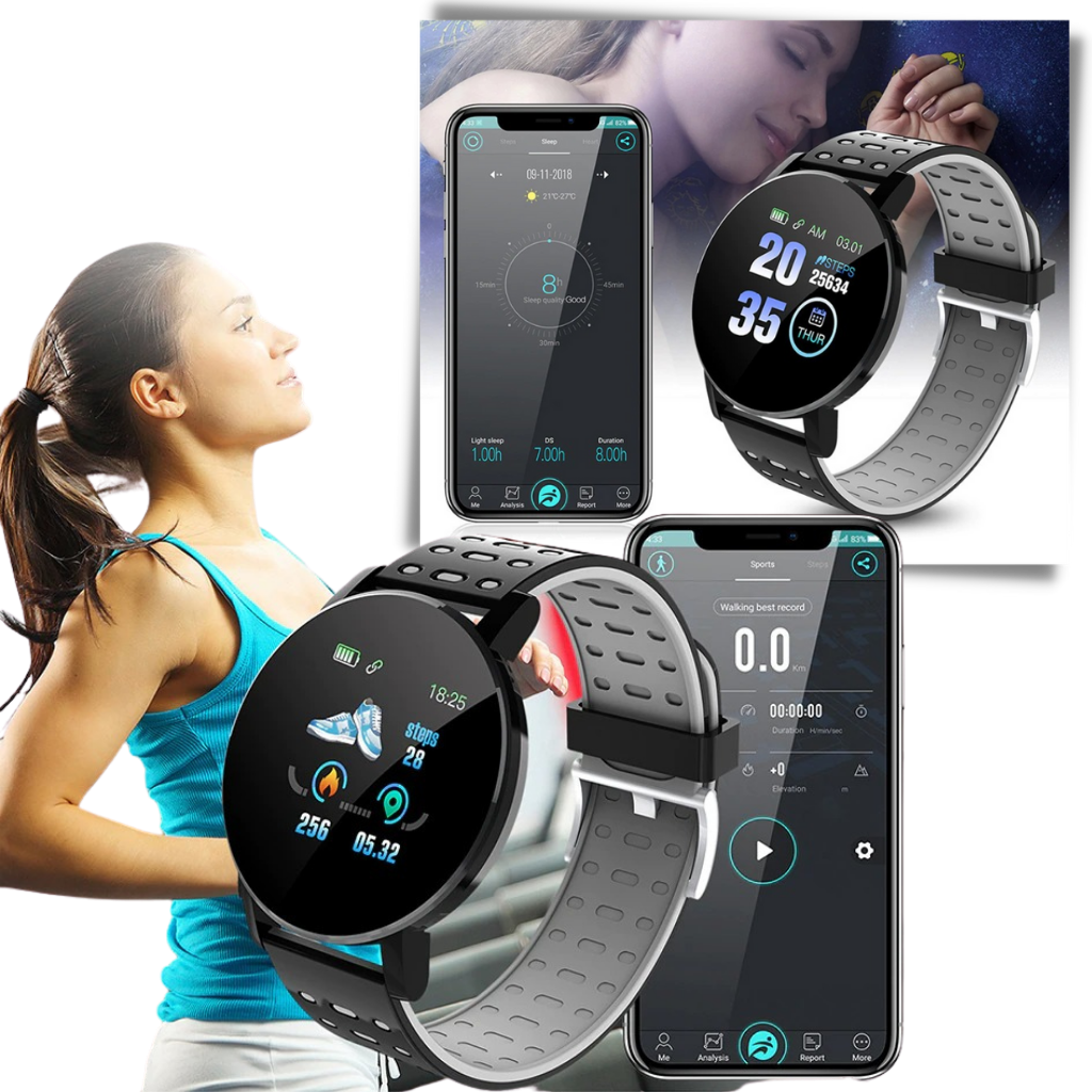 Montre connectée avec écran tactile affichant des données de fitness, synchronisée avec smartphone. Suivi d'activité, calories, sommeil. Accessoire sport moderne.