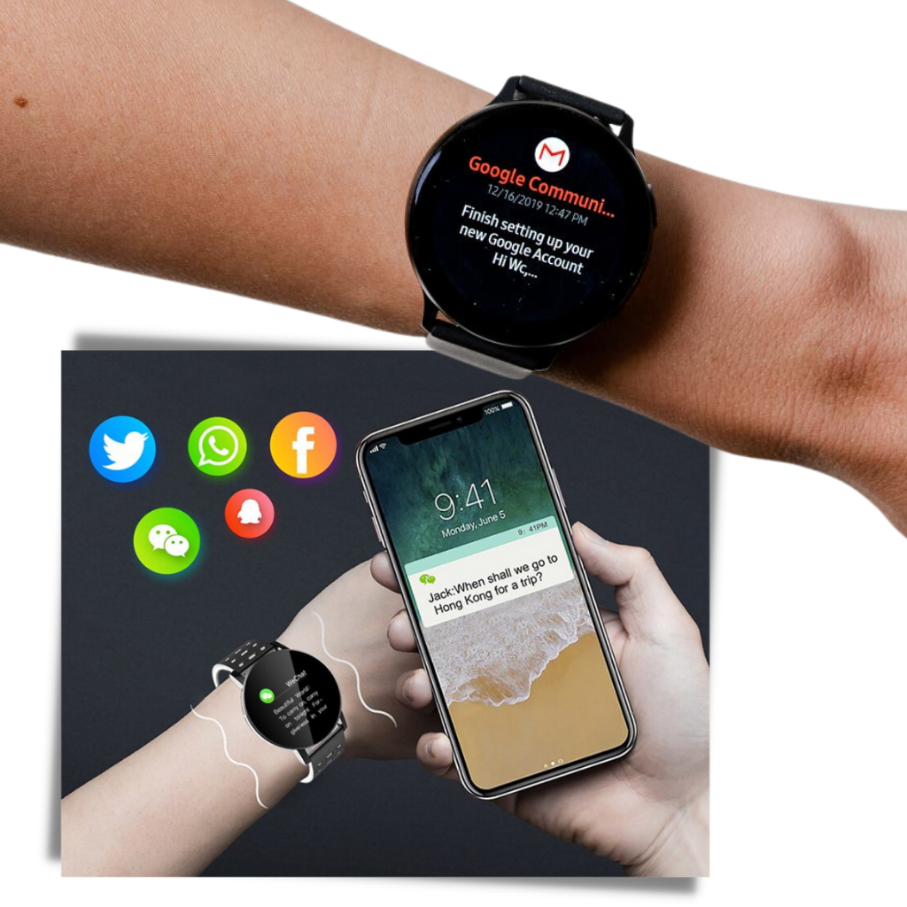 Montre connectée affichant notifications de réseaux sociaux, avec smartphone recevant message. Technologie portable, communication instantanée.
