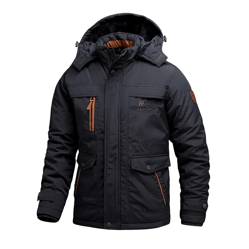 Veste d'hiver noire pour homme avec capuche, poches multiples et détails orange, idéale pour le froid. Style moderne et fonctionnel.
