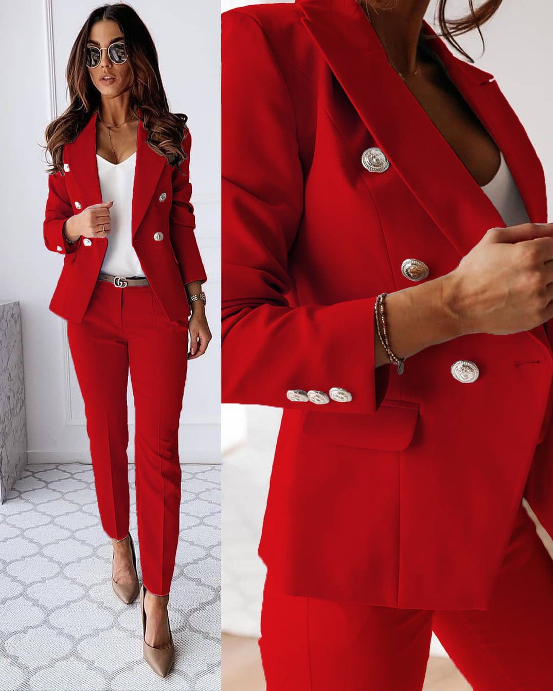 Femme en tailleur rouge élégant, veste à boutons dorés, pantalon assorti, top blanc, lunettes de soleil, posant dans un intérieur moderne.