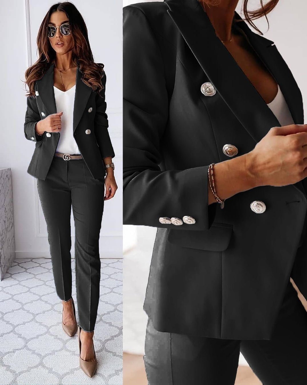 Femme en tailleur noir élégant, veste à boutons argentés, chemise blanche, lunettes de soleil, talons beiges, look professionnel chic.