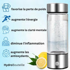 Bouteille d'hydrogène avec eau pétillante, citron et feuilles, bénéfices santé: perte de poids, énergie, clarté mentale, anti-inflammatoire, antioxydants.