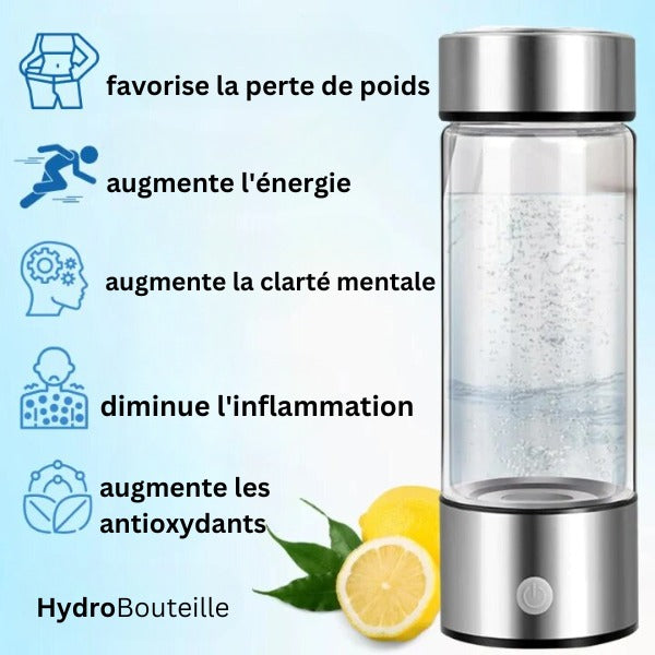 Bouteille d'hydrogène avec eau pétillante, citron et feuilles, bénéfices santé: perte de poids, énergie, clarté mentale, anti-inflammatoire, antioxydants.