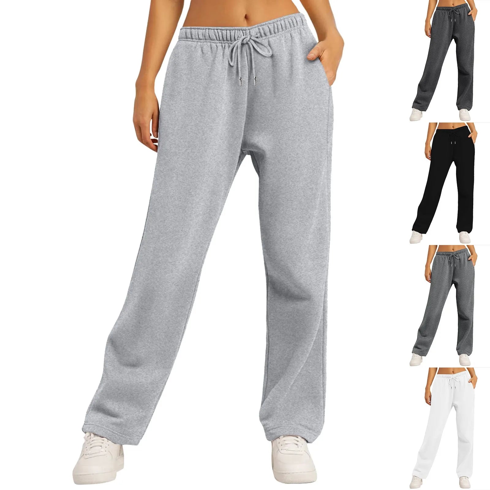Pantalon de jogging gris pour femme, taille élastique avec cordon, disponible en plusieurs couleurs. Confortable et tendance pour le sport ou détente.