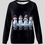 Sweatshirt noir avec motif de quatre bonhommes de neige portant des bonnets rouges, sur fond de neige. Mode hiver, vêtement chaud, style décontracté.