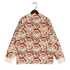 Pull de Noël avec motif Père Noël, fond beige, manches longues, col rond. Idéal pour fêtes de fin d'année, style festif et chaleureux.