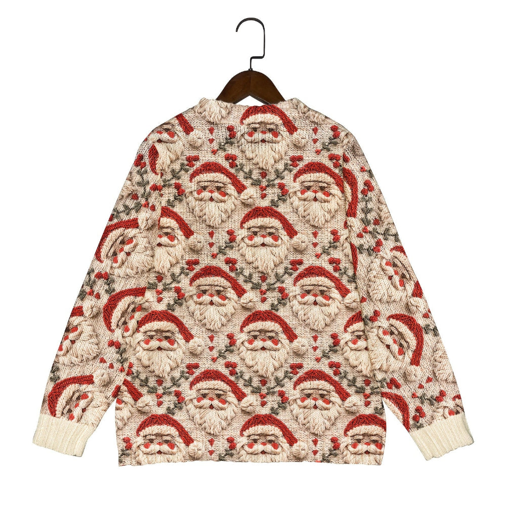 Pull de Noël avec motif Père Noël, fond beige, manches longues, col rond. Idéal pour fêtes de fin d'année, style festif et chaleureux.