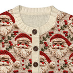 Gilet de Noël en tricot avec motifs Père Noël rouges et blancs, boutons marron, idéal pour fêtes, mode hiver, vêtements festifs.