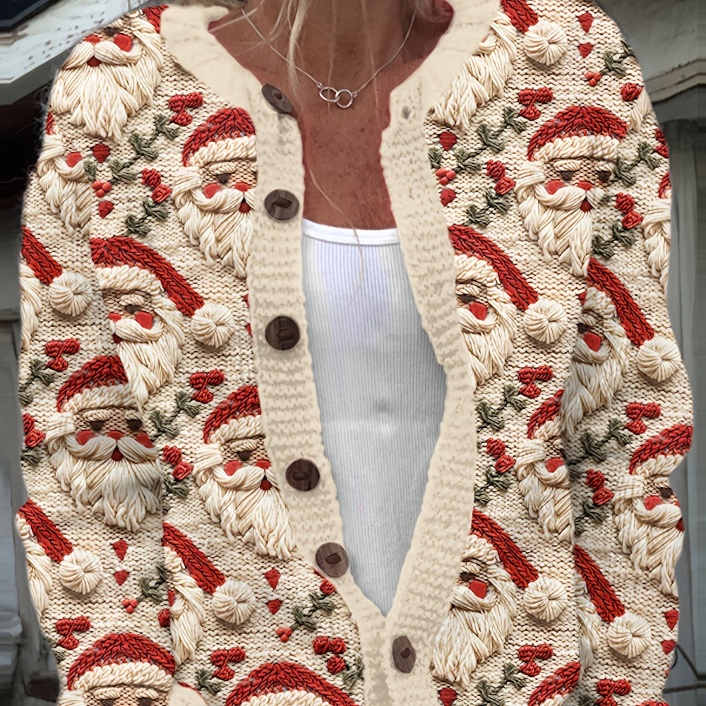 Femme portant un cardigan tricoté avec motifs Père Noël rouges et blancs, boutons en bois, sur un débardeur blanc. Mode hiver festive, style décontracté.