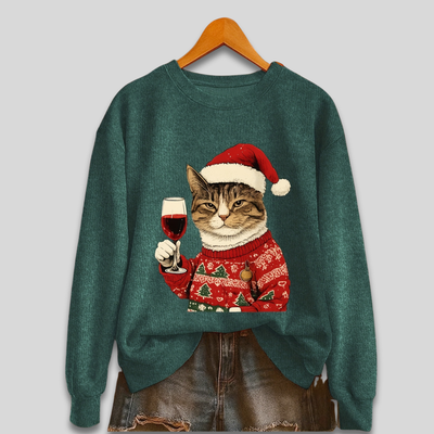 Pull Ugly Christmas kadınlar için - Komik kedi ve Noel Baba sweatshirtü