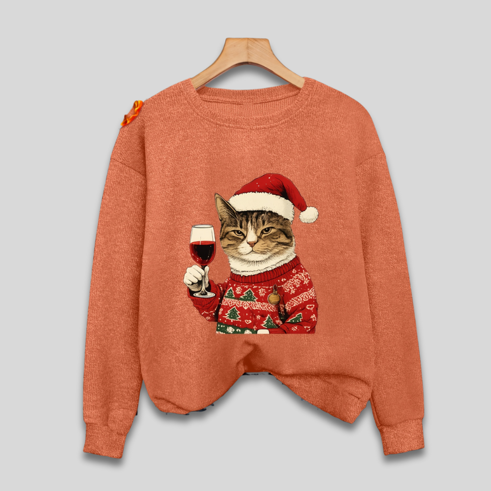 Pull Ugly Christmas kadınlar için - Komik kedi ve Noel Baba sweatshirtü