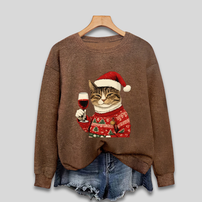 Pull Ugly Christmas kadınlar için - Komik kedi ve Noel Baba sweatshirtü