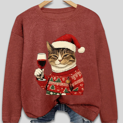Pull Ugly Christmas kadınlar için - Komik kedi ve Noel Baba sweatshirtü