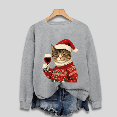Pull Ugly Christmas kadınlar için - Komik kedi ve Noel Baba sweatshirtü