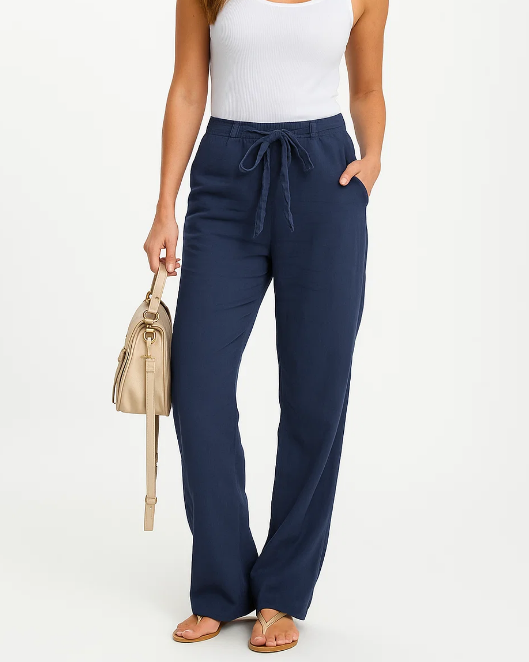Femme portant un pantalon bleu marine ample avec un haut blanc, tenant un sac beige. Mode décontractée, élégance estivale, style confortable.