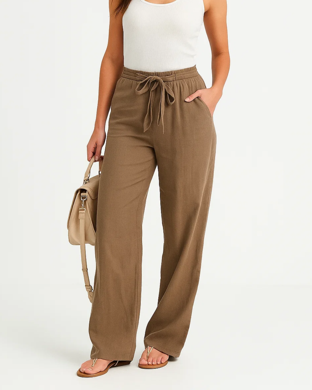 Femme portant un pantalon large marron avec cordon, débardeur blanc, sandales, et sac beige. Mode décontractée, tenue estivale élégante.
