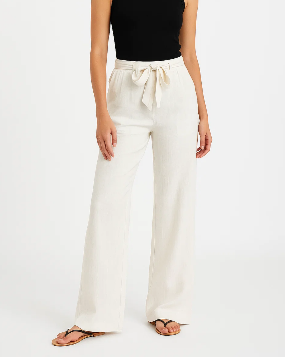 Femme portant un pantalon large blanc avec ceinture nouée, haut noir sans manches et sandales. Mode estivale élégante et décontractée.