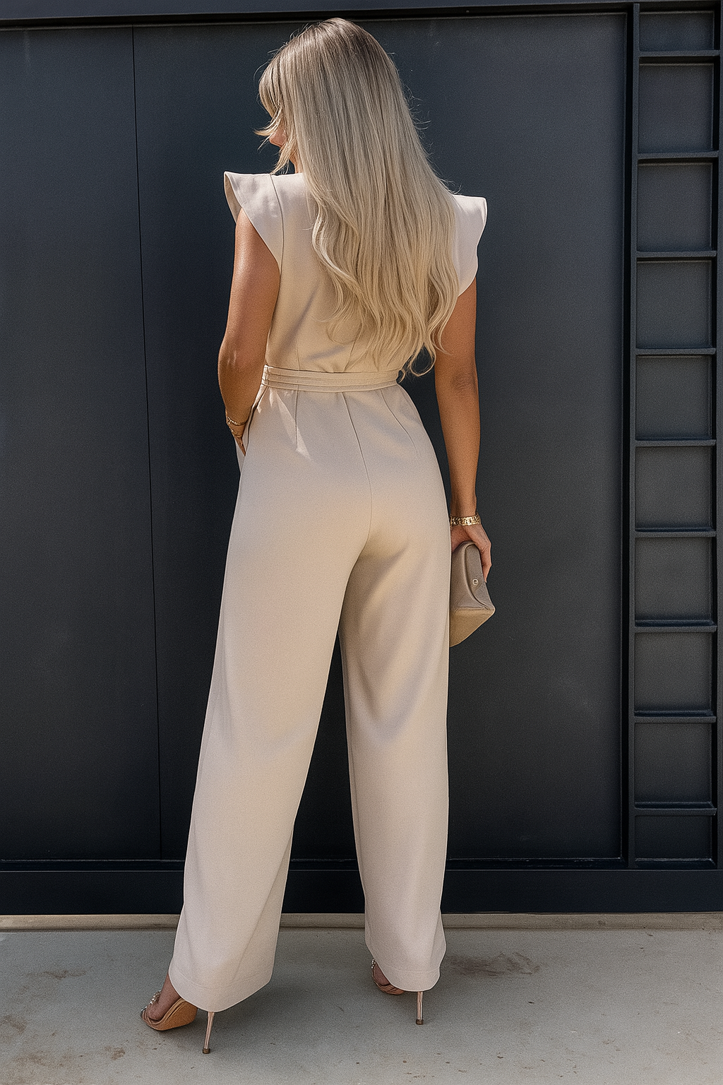 Femme en combinaison beige élégante, vue de dos, devant une porte noire moderne. Mode chic, cheveux longs blonds, talons hauts.