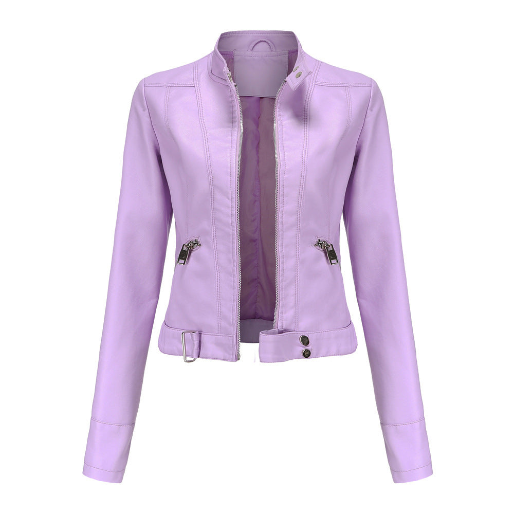 Veste en cuir pour femmes avec fermeture éclair, col montant et ceinture