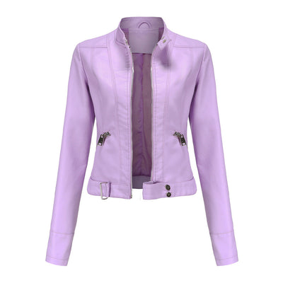 Veste en cuir pour femmes avec fermeture éclair, col montant et ceinture