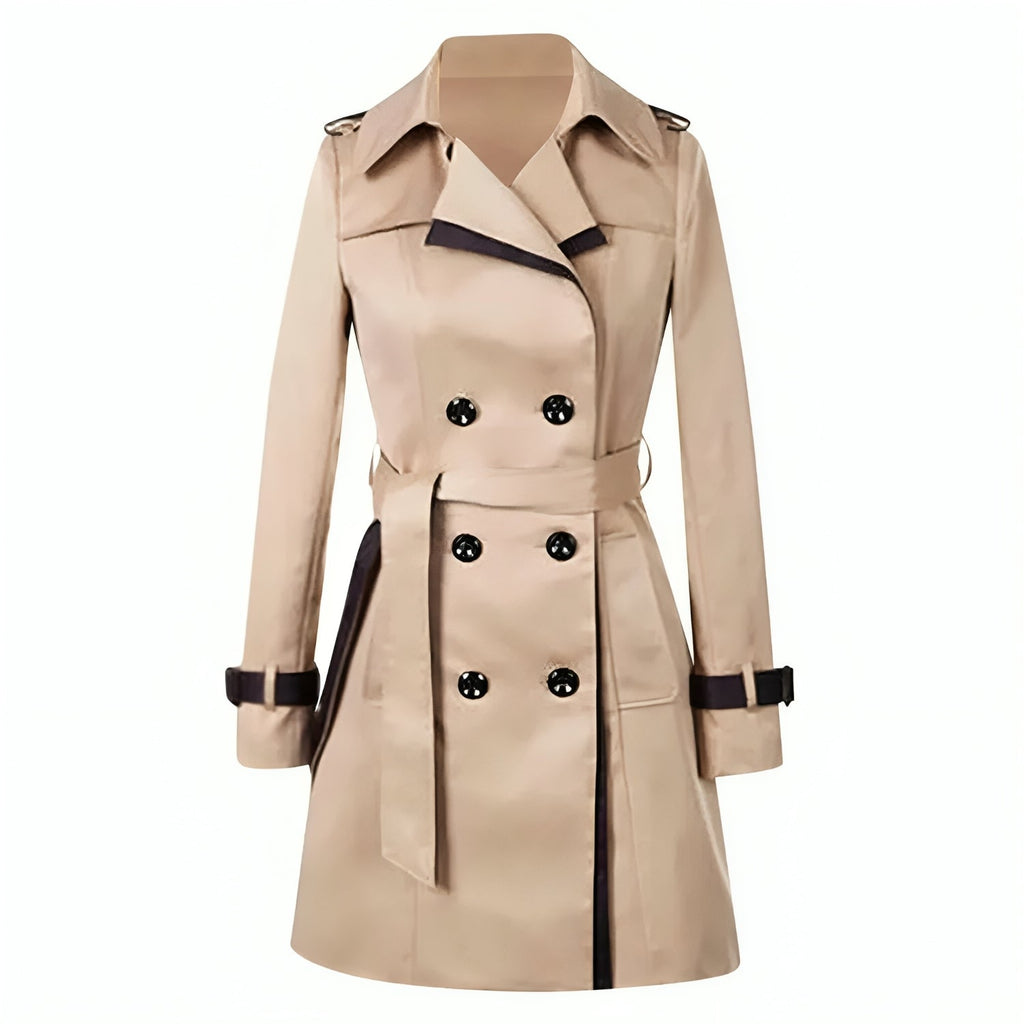 Trench-coat beige élégant pour femme, double boutonnage, ceinture assortie, style classique, mode automne-hiver, vêtement chic intemporel.