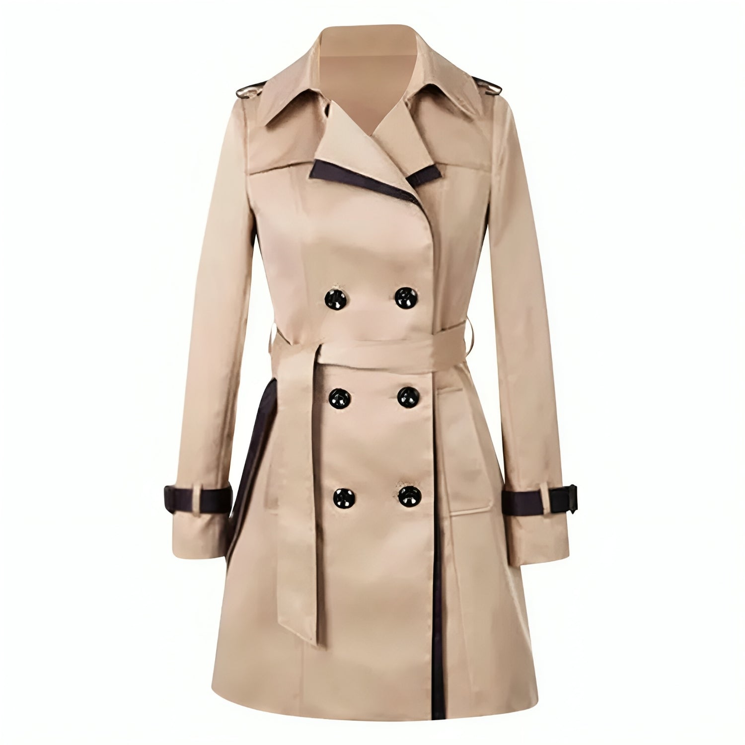 Trench-coat beige élégant pour femme, double boutonnage, ceinture assortie, style classique, mode automne-hiver, vêtement chic intemporel.
