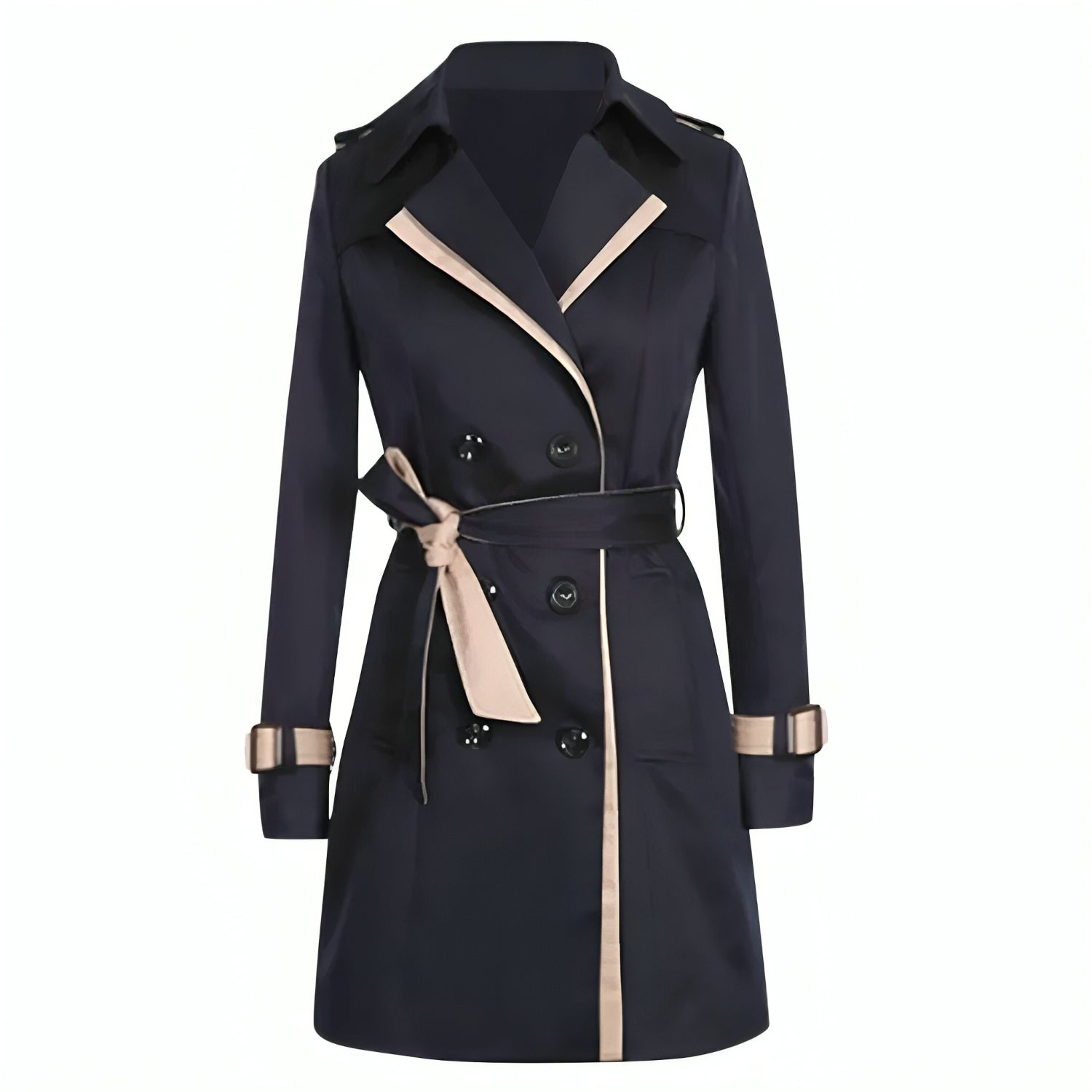 Manteau trench-coat bleu marine élégant avec ceinture, boutons noirs et détails beiges, mode automne-hiver, style classique intemporel.