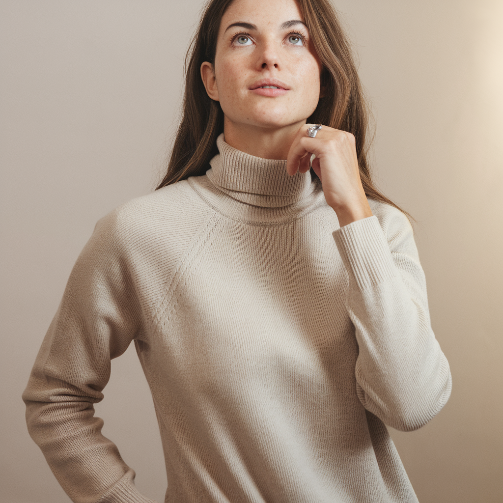 Jeune femme portant un pull à col roulé beige, regard pensif, fond neutre. Mode automne-hiver, style élégant et décontracté.