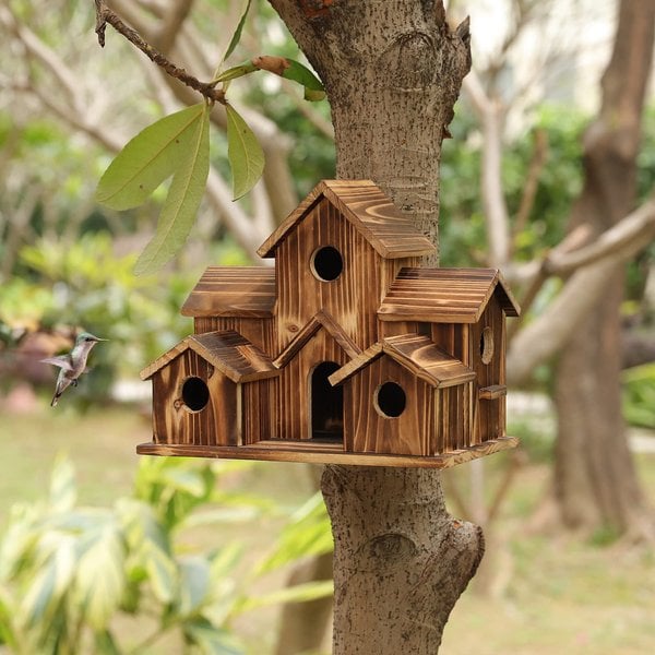 Nichoir en bois rustique fixé à un arbre, entouré de verdure, avec un colibri en vol. Idéal pour jardin, décoration extérieure, abri oiseaux.