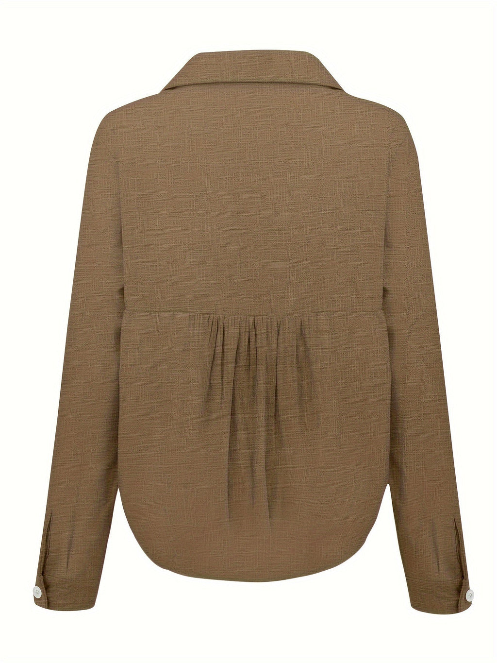 Chemisier marron à manches longues, col classique, tissu texturé, vue de dos. Mode femme élégante, tendance automne-hiver, vêtement chic.